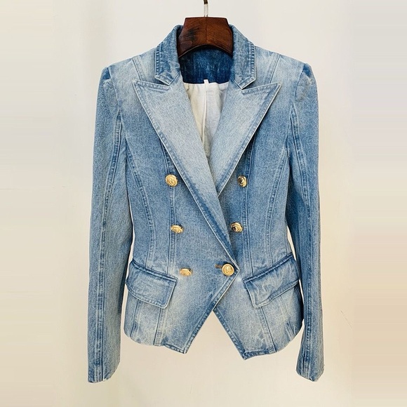 Stylish Women's Light Blue Denim Jacket with Gold Buttons - Picture 3 of 11